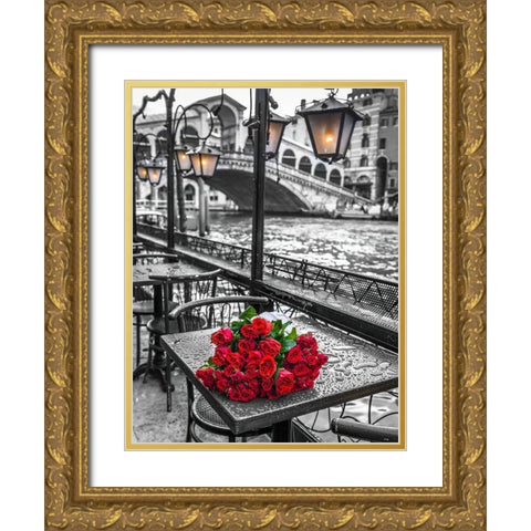 Bunch of red roses on street cafe table-Rialto Bridge-Venice-Italy Gold Ornate Wood Framed Art Print with Double Matting by Frank, Assaf