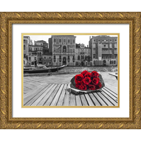 Bunch of red roses on street cafe table near canal, Venice, Italy Gold Ornate Wood Framed Art Print with Double Matting by Frank, Assaf