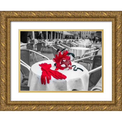 Female hand gloves with Venetian mask on cafe table, Venice, Italy Gold Ornate Wood Framed Art Print with Double Matting by Frank, Assaf