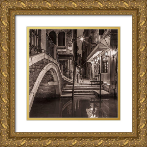 Night shot of cafe by narrow canal-Venice-Italy Gold Ornate Wood Framed Art Print with Double Matting by Frank, Assaf