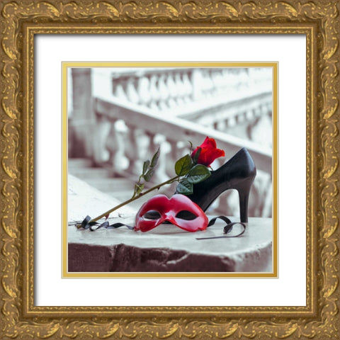 Venetian mask and high heel shoe with red rose, Rialto bridge, Venice, Italy Gold Ornate Wood Framed Art Print with Double Matting by Frank, Assaf