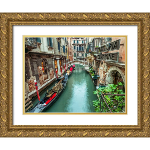 Gondola in narrow canal through old buildings, Venice, Italy Gold Ornate Wood Framed Art Print with Double Matting by Frank, Assaf
