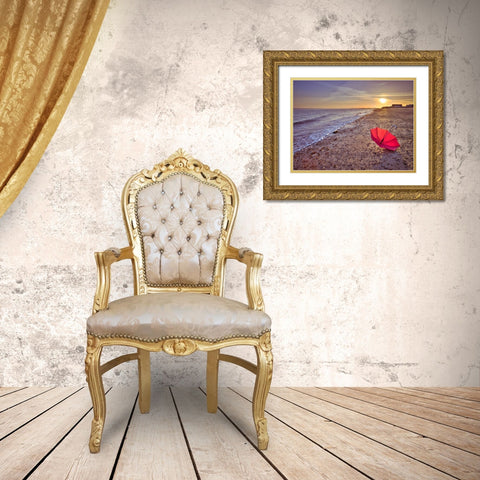 Row of beach huts at sunset, Hayling Island Gold Ornate Wood Framed Art Print with Double Matting by Frank, Assaf