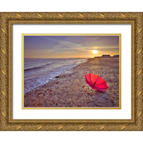 Row of beach huts at sunset, Hayling Island Gold Ornate Wood Framed Art Print with Double Matting by Frank, Assaf