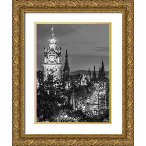 Princess streen and the Balmoral Hotel and night, Edinbrugh, Scotland, FTBR-1800 Gold Ornate Wood Framed Art Print with Double Matting by Frank, Assaf