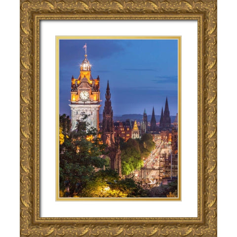 Princess streen and the Balmoral Hotel and night, Edinbrugh, Scotland Gold Ornate Wood Framed Art Print with Double Matting by Frank, Assaf