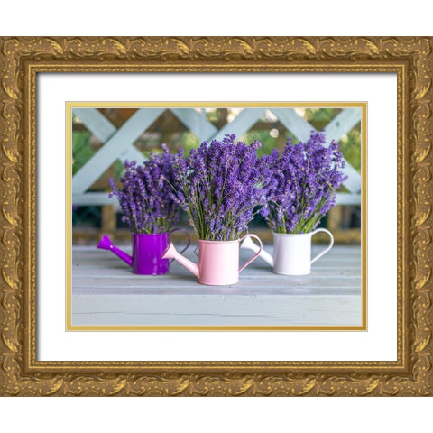 Watering cans with Lavender flowers Gold Ornate Wood Framed Art Print with Double Matting by Frank, Assaf