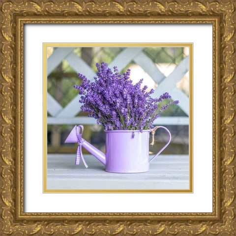 Watering can with Lavender flowers Gold Ornate Wood Framed Art Print with Double Matting by Frank, Assaf