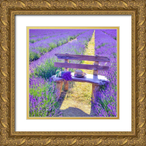 Bench in Lavender field Gold Ornate Wood Framed Art Print with Double Matting by Frank, Assaf