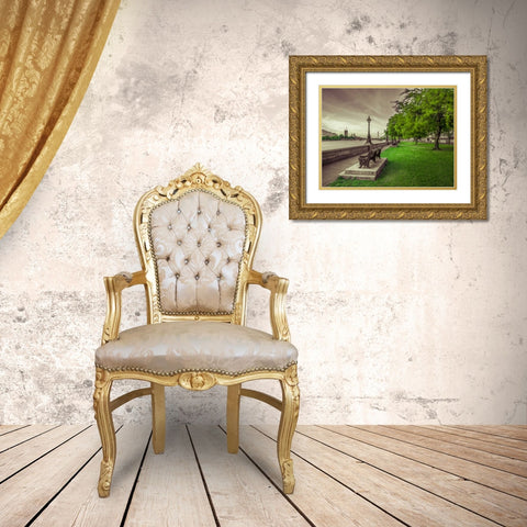 Bench at the park by the river Thames, London, UK Gold Ornate Wood Framed Art Print with Double Matting by Frank, Assaf