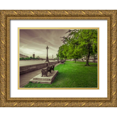 Bench at the park by the river Thames, London, UK Gold Ornate Wood Framed Art Print with Double Matting by Frank, Assaf