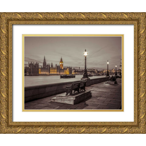 Benchs by the walkway next to river thames, London, Uk Gold Ornate Wood Framed Art Print with Double Matting by Frank, Assaf