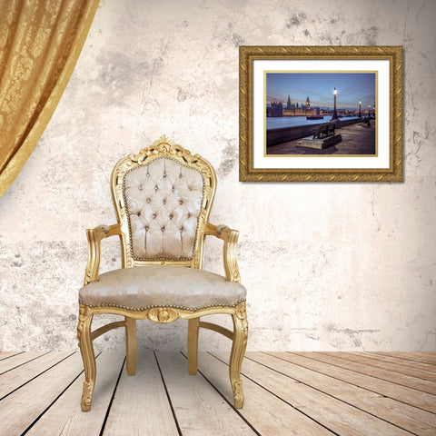 Benchs by the walkway next to river thames, London, Uk Gold Ornate Wood Framed Art Print with Double Matting by Frank, Assaf