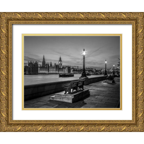 Benchs by the walkway next to river thames, London, Uk Gold Ornate Wood Framed Art Print with Double Matting by Frank, Assaf