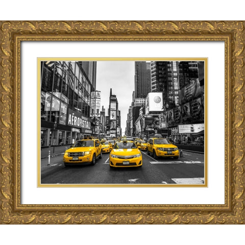 Panoramic view of illuminated Manhattan skyline at twilight - New York City Gold Ornate Wood Framed Art Print with Double Matting by Frank, Assaf