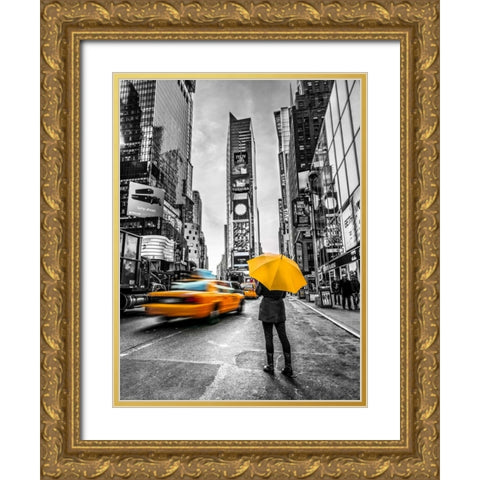 Man with yellow umbrella at Times square, New York Gold Ornate Wood Framed Art Print with Double Matting by Frank, Assaf