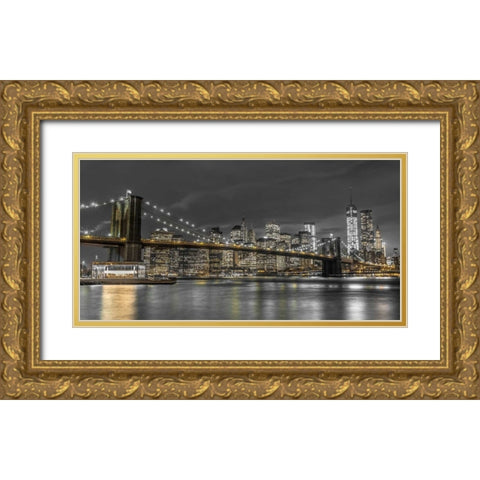 Brooklyn Bridge and lower Manhattan skyline at dusk, New York Gold Ornate Wood Framed Art Print with Double Matting by Frank, Assaf