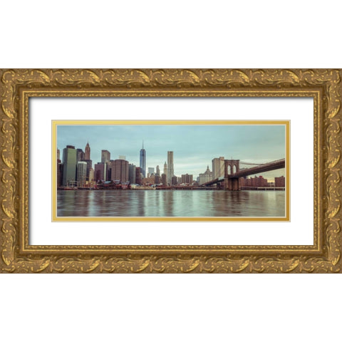 Lower Manhattan skyline with Brooklyn Bridge, New York Gold Ornate Wood Framed Art Print with Double Matting by Frank, Assaf