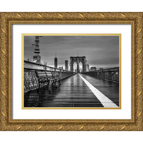 Empty bench on the pedestrian walkway of the Brooklyn Bridge, New York Gold Ornate Wood Framed Art Print with Double Matting by Frank, Assaf