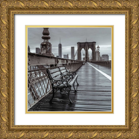 Empty bench on the pedestrian walkway of the Brooklyn Bridge, New York Gold Ornate Wood Framed Art Print with Double Matting by Frank, Assaf