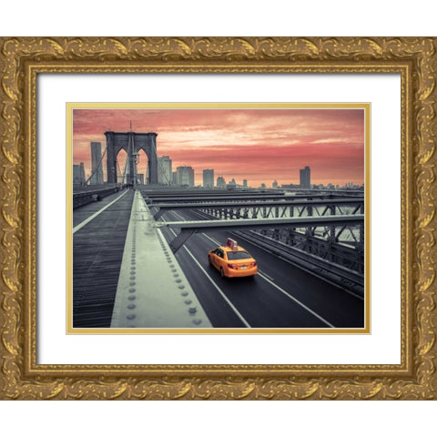 Cab on brooklyn bridge, Manhattan, New York Gold Ornate Wood Framed Art Print with Double Matting by Frank, Assaf