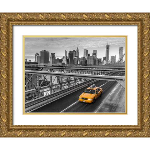 Taxi on Brooklyn Bridge, New York Gold Ornate Wood Framed Art Print with Double Matting by Frank, Assaf