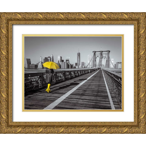 Female tourist with umbrella taking a walk on pedestrian walkway on Brooklyn bridge, New York Gold Ornate Wood Framed Art Print with Double Matting by Frank, Assaf