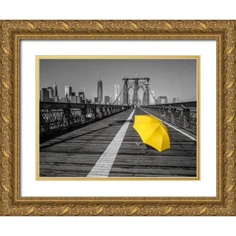 Yellow umbrella on pedestrian walkway on Brooklyn bridge, New York Gold Ornate Wood Framed Art Print with Double Matting by Frank, Assaf