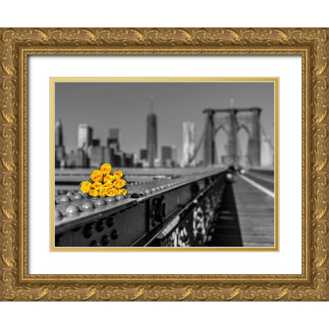 Bunch of roses on Brooklyn Bridge, New York Gold Ornate Wood Framed Art Print with Double Matting by Frank, Assaf