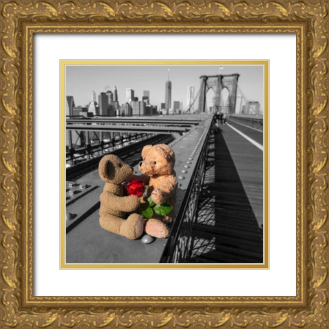Pair of teddy bears with a red rose on Brooklyn Bridge, New York Gold Ornate Wood Framed Art Print with Double Matting by Frank, Assaf