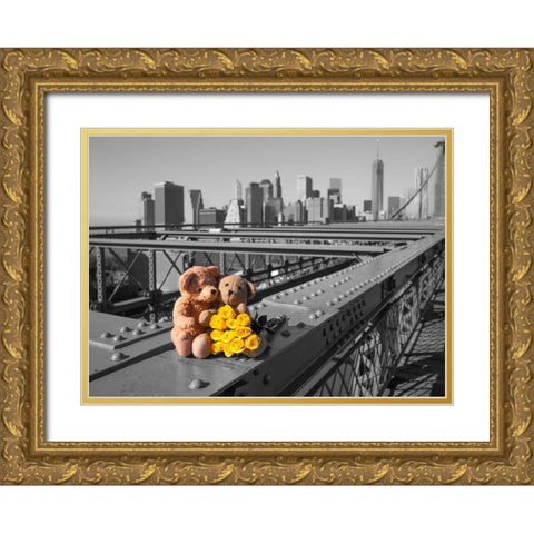 Pair of teddy bears and bunch of roses on Brooklyn Bridge, New York Gold Ornate Wood Framed Art Print with Double Matting by Frank, Assaf