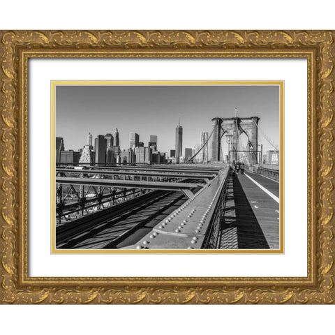 View from Brooklyn bridge with New York skyline in background Gold Ornate Wood Framed Art Print with Double Matting by Frank, Assaf