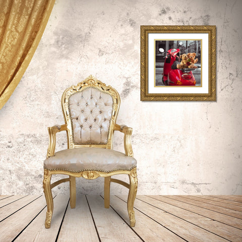 Teddy bears with red rose on a scooter, New York Gold Ornate Wood Framed Art Print with Double Matting by Frank, Assaf