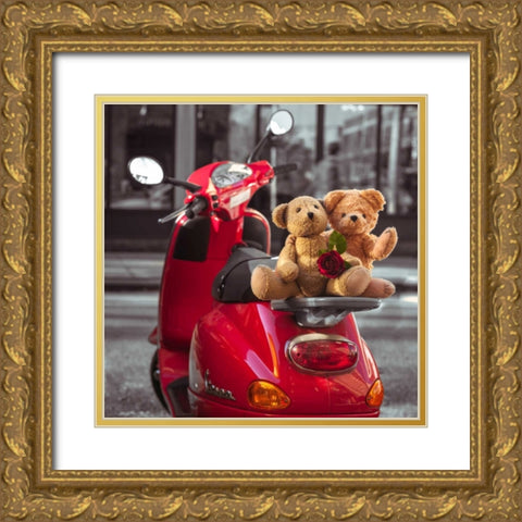 Teddy bears with red rose on a scooter, New York Gold Ornate Wood Framed Art Print with Double Matting by Frank, Assaf