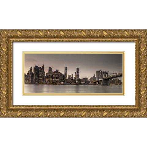 Evening shot of Lower Manhattan skyline, New York Gold Ornate Wood Framed Art Print with Double Matting by Frank, Assaf