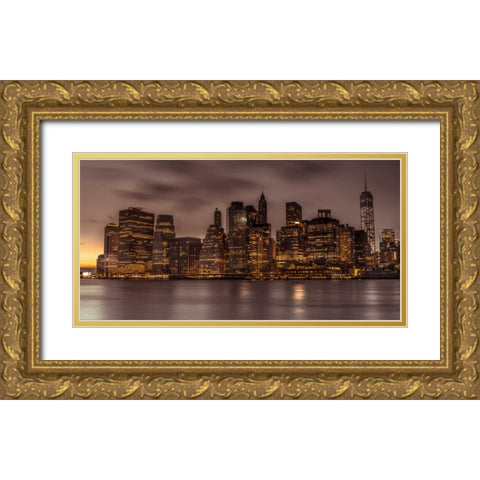Evening shot of Lower Manhattan skyline, New York Gold Ornate Wood Framed Art Print with Double Matting by Frank, Assaf