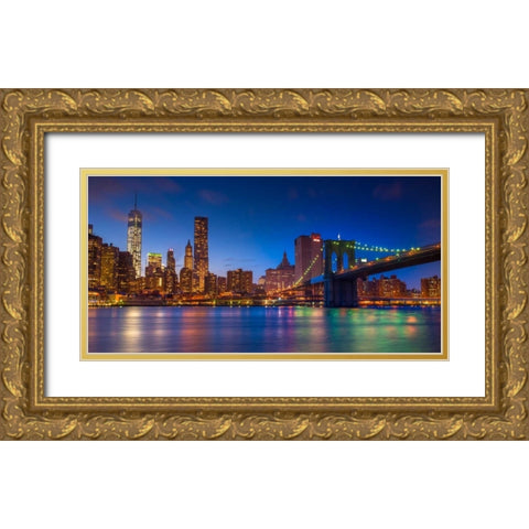 Evening shot of Lower Manhattan skyline and Brooklyn Bridge, New York Gold Ornate Wood Framed Art Print with Double Matting by Frank, Assaf