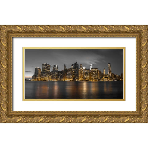 Evening shot of Lower Manhattan skyline, New York Gold Ornate Wood Framed Art Print with Double Matting by Frank, Assaf