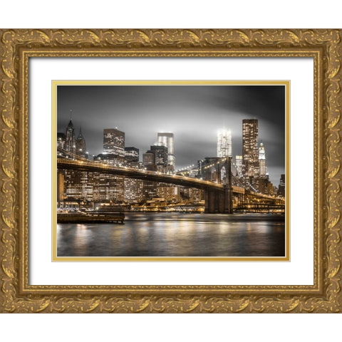 Evening shot of Brooklyn Bridge with Lower Manhattan skyline, New York Gold Ornate Wood Framed Art Print with Double Matting by Frank, Assaf
