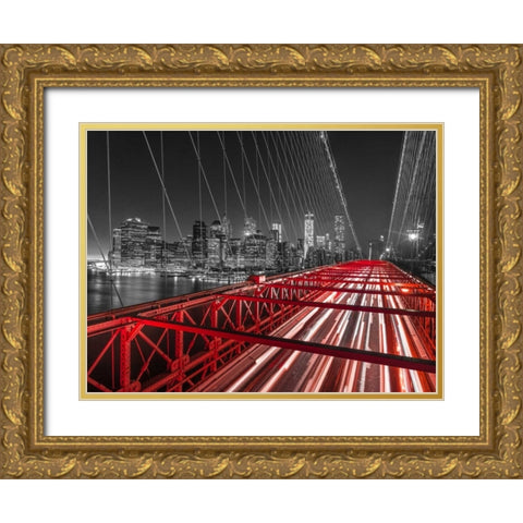 Brooklyn Bridge in evening, New York Gold Ornate Wood Framed Art Print with Double Matting by Frank, Assaf