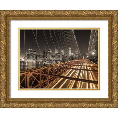 Brooklyn Bridge in evening, New York Gold Ornate Wood Framed Art Print with Double Matting by Frank, Assaf