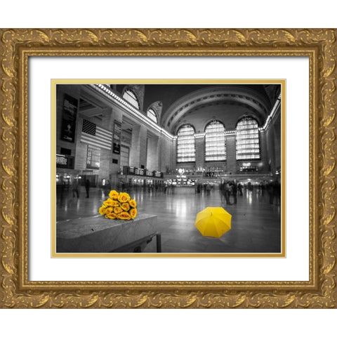 Bunch of yellow roses and umbrella in Grand Central Terminal, New York Gold Ornate Wood Framed Art Print with Double Matting by Frank, Assaf