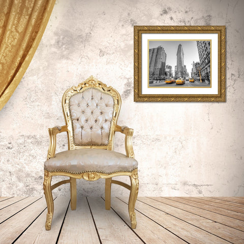 Yellow Taxis- Flatiron Building-Manhattan-New York Gold Ornate Wood Framed Art Print with Double Matting by Frank, Assaf