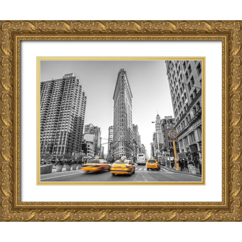 Yellow Taxis- Flatiron Building-Manhattan-New York Gold Ornate Wood Framed Art Print with Double Matting by Frank, Assaf