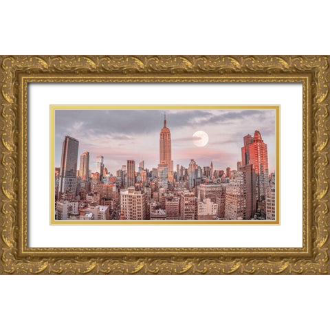 Empire State Building with Manhattan skyline - New York City Gold Ornate Wood Framed Art Print with Double Matting by Frank, Assaf