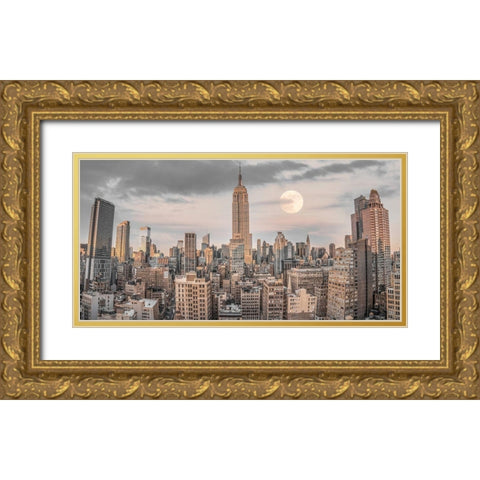 Empire State Building with Manhattan skyline - New York City Gold Ornate Wood Framed Art Print with Double Matting by Frank, Assaf