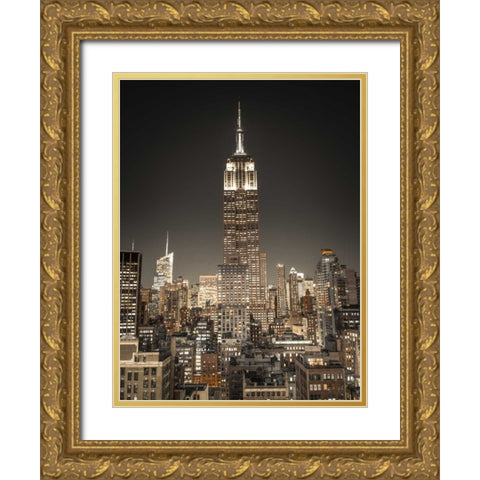 Empire State Building with New York City Manhattan skyline with skyscrapers, FTBR-1897 Gold Ornate Wood Framed Art Print with Double Matting by Frank, Assaf