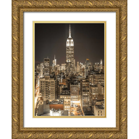 Illuminated Manhattan skyline at twilight - New York City Gold Ornate Wood Framed Art Print with Double Matting by Frank, Assaf