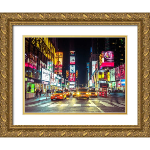 Times square and Broadway at night - New York City Gold Ornate Wood Framed Art Print with Double Matting by Frank, Assaf