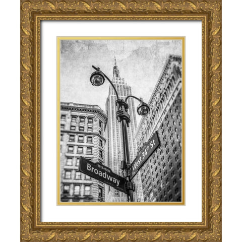 Street lamp and street signs with Empire State building in background - New York Gold Ornate Wood Framed Art Print with Double Matting by Frank, Assaf